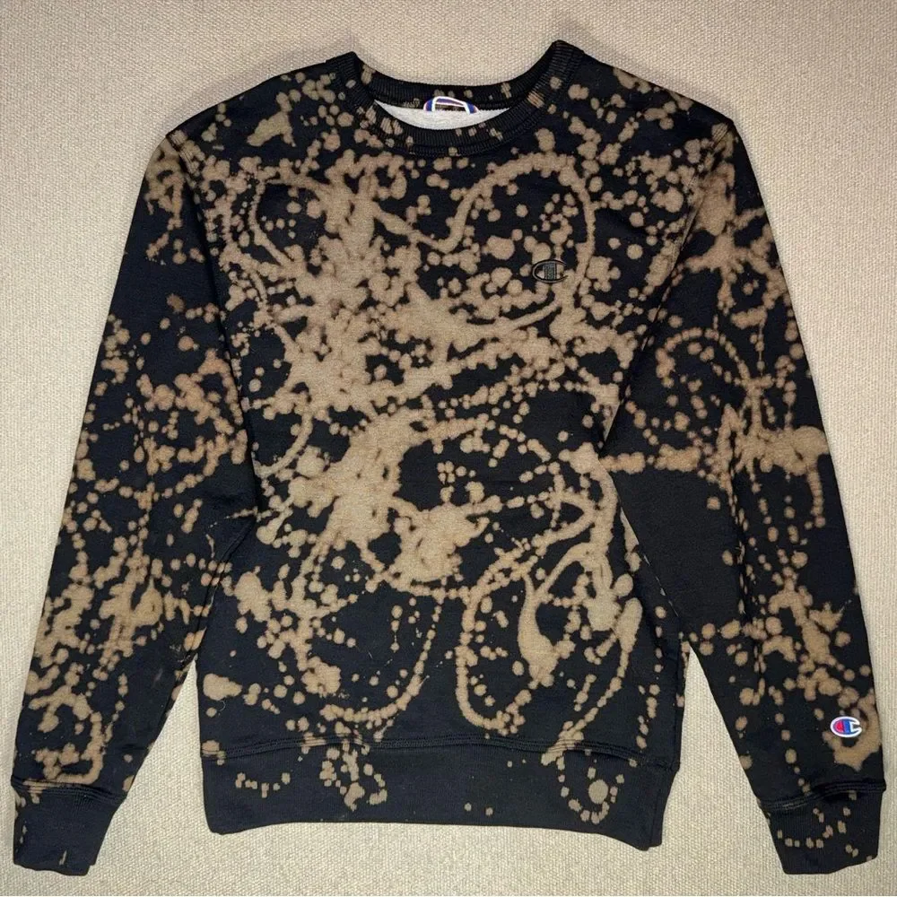 Champion size small black crewneck custom bleach splatter design sweatshirt
